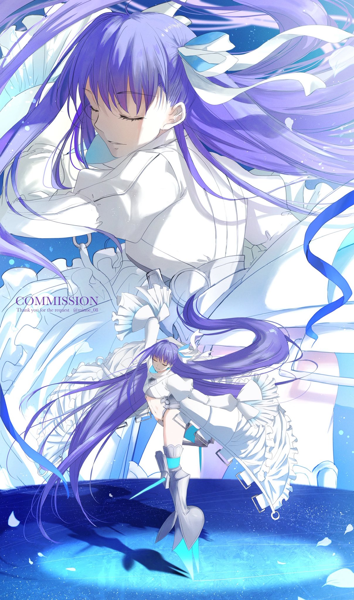 minoe08, meltryllis (fate), meltryllis (third ascension) (fate), fate/grand order, fate (series), commission, highres, 1girl, arm up, armored boots, balancing, blue ribbon, blush, boots, breasts, closed eyes, collared jacket, cropped jacket, crotch plate, dancing, frilled sleeves, frills, hair ribbon, jacket, juliet sleeves, knee spikes, leg blade, light smile, long hair, long sleeves, midriff, navel, petals, projected inset, prosthesis, prosthetic leg, puffy sleeves, purple hair, revealing clothes, ribbon, sleeves past fingers, sleeves past wrists, small breasts, solo, spikes, spotlight, standing, standing on one leg, thighs, very long hair, white jacket, white petals, white ribbon