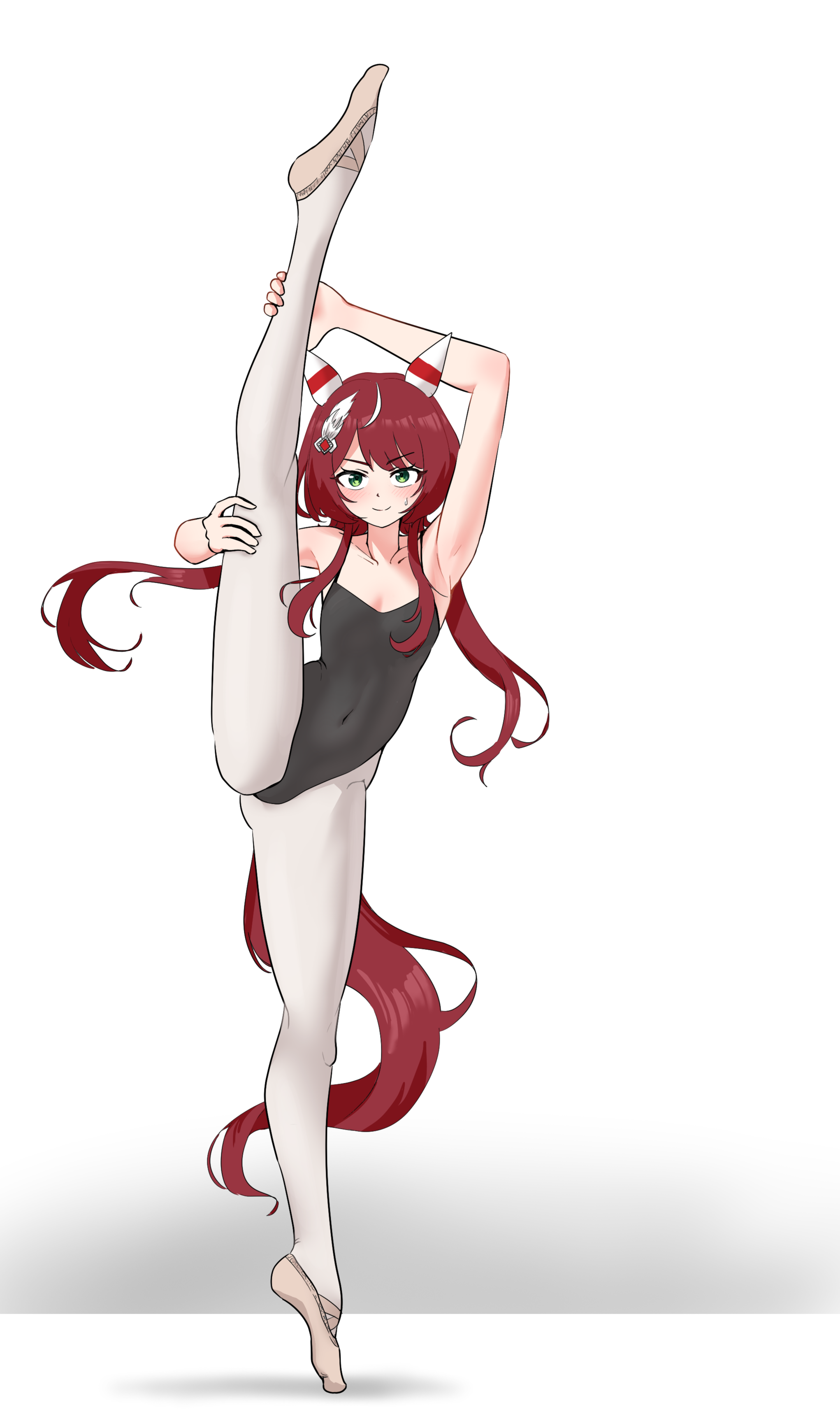 win variation (umamusume), umamusume, 1girl, ballerina, black leotard, brown hair, horse girl, leotard, pantyhose, split, standing, standing on one leg, standing split, white pantyhose