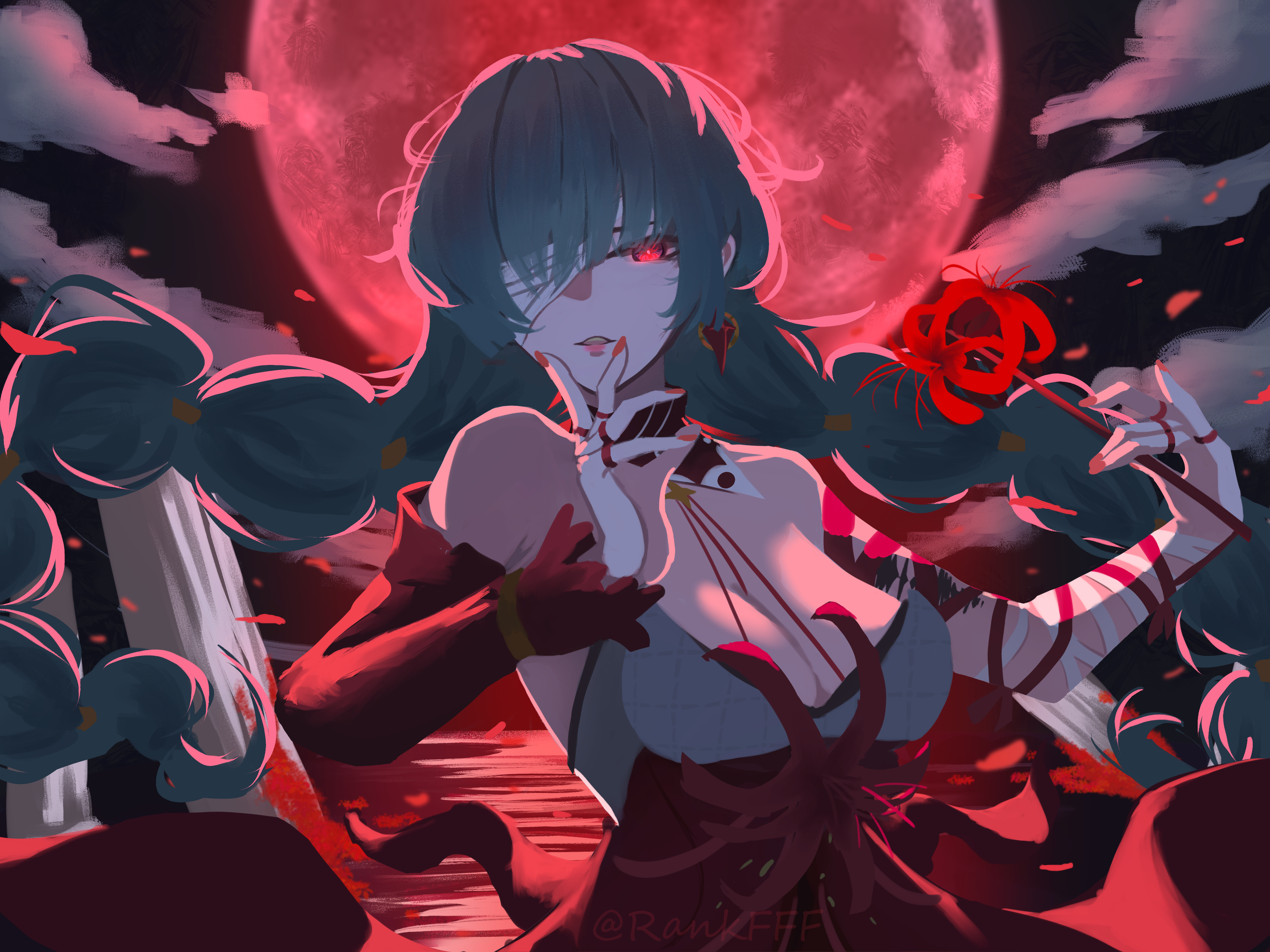 rankfff, phrolova (wuthering waves), wuthering waves, absurdres, commentary, highres, 1girl, bandage over one eye, bandaged arm, bandages, bare shoulders, braid, breasts, cleavage, detached sleeves, earrings, fingernails, flower, grey hair, hand up, holding, holding flower, jewelry, long hair, looking at viewer, low twin braids, medium breasts, nail polish, parted lips, red eyes, red nails, red petals, red theme, single detached sleeve, solo, spider lily, tacet mark (wuthering waves), twin braids, twitter username