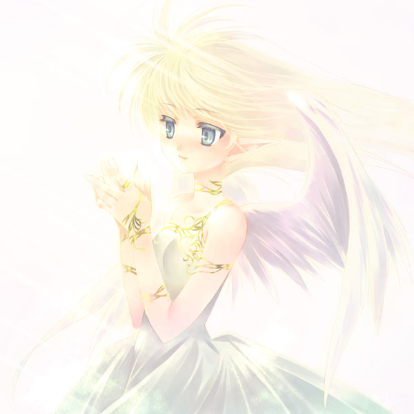 touto seiro, tagme, blonde hair, blue eyes, dress, pointy ears, solo, wings