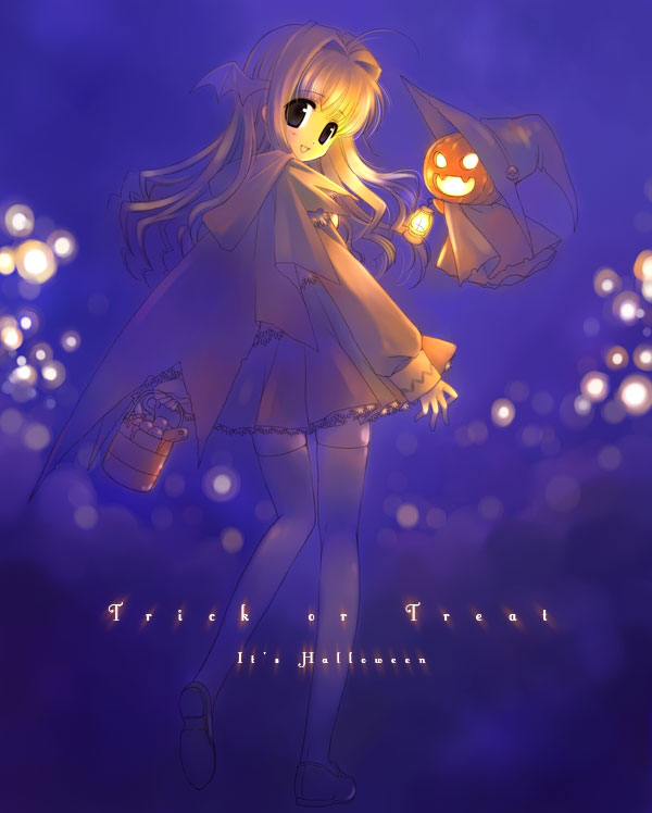 touto seiro, original, 1girl, basket, blue background, brown eyes, brown hair, cape, female focus, hair intakes, halloween, hat, jack-o'-lantern, light particles, long hair, looking back, pumpkin, shoes, skirt, smile, solo, thighhighs, trick or treat, witch hat