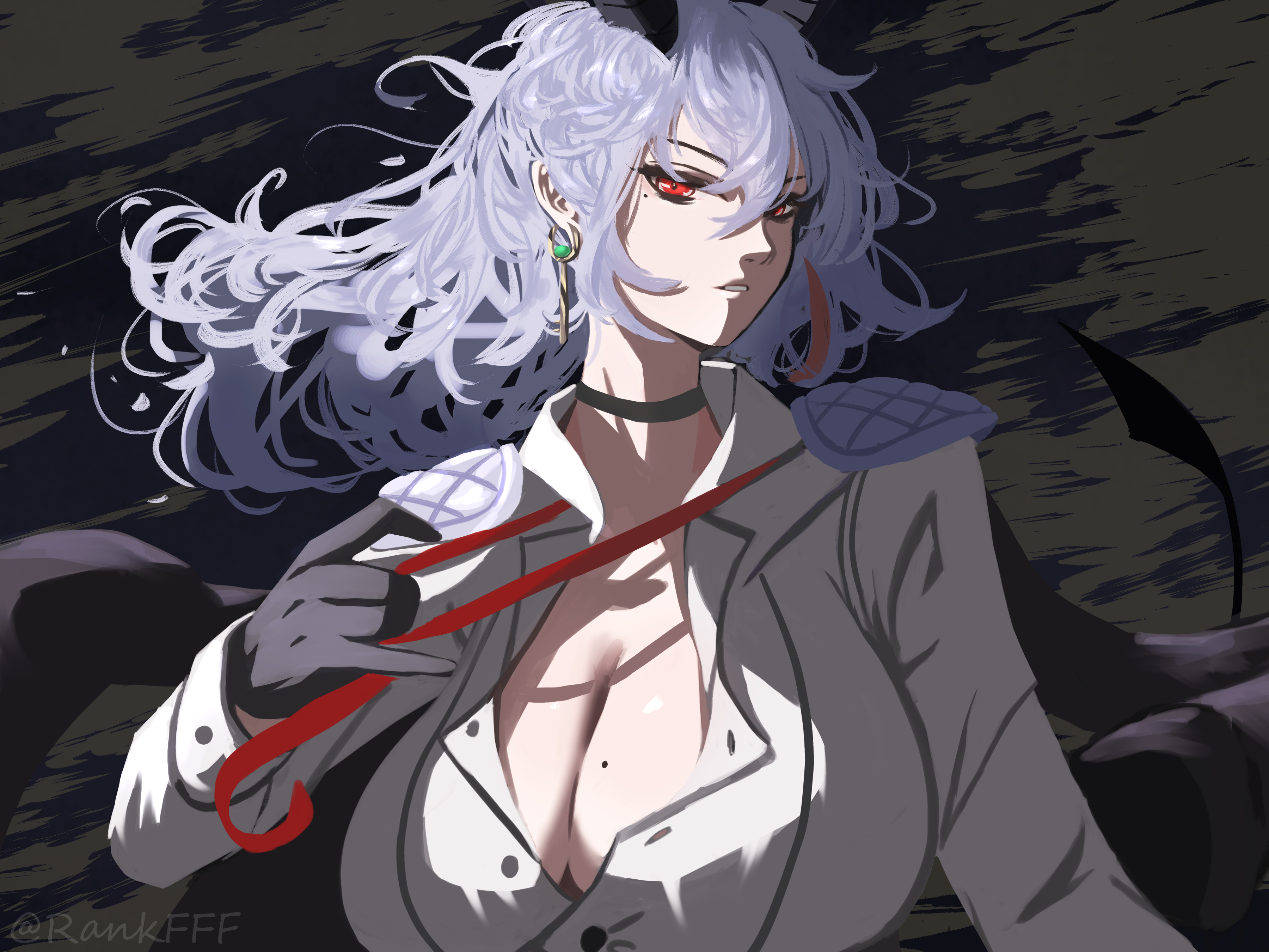 rankfff, zani (wuthering waves), wuthering waves, absurdres, commentary, highres, 1girl, adjusting clothes, adjusting necktie, bags under eyes, black choker, black gloves, breasts, choker, collared shirt, earrings, gloves, grey hair, jewelry, key earrings, large breasts, long hair, long sleeves, looking at viewer, mole, mole on breast, mole under eye, necktie, parted lips, partially unbuttoned, red eyes, red necktie, shirt, solo, twitter username, upper body, white shirt