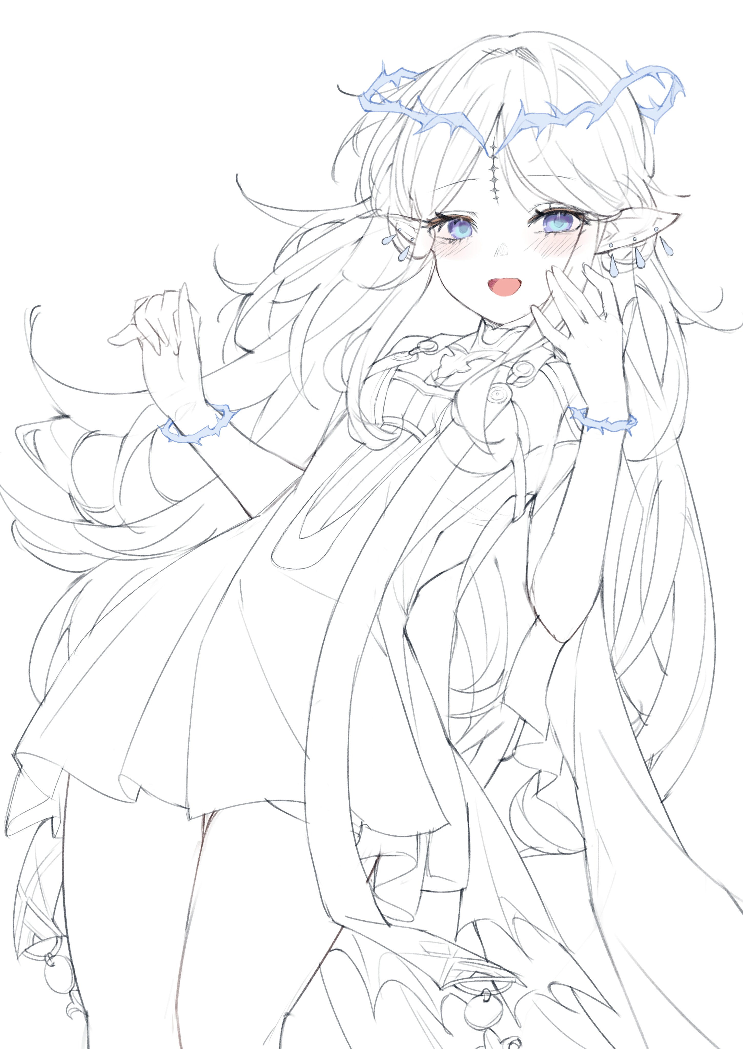 shigureszku, cartethyia (wuthering waves), wuthering waves, absurdres, commentary request, highres, unfinished, 1girl, blue eyes, blush, breasts, collar, cowboy shot, crown of thorns, dress, earrings, hands up, jewelry, long hair, looking at viewer, multiple earrings, necklace, open mouth, parted bangs, pointy ears, sidelocks, simple background, small breasts, smile, solo, tabard, tacet mark (wuthering waves), thighs, very long hair, white background