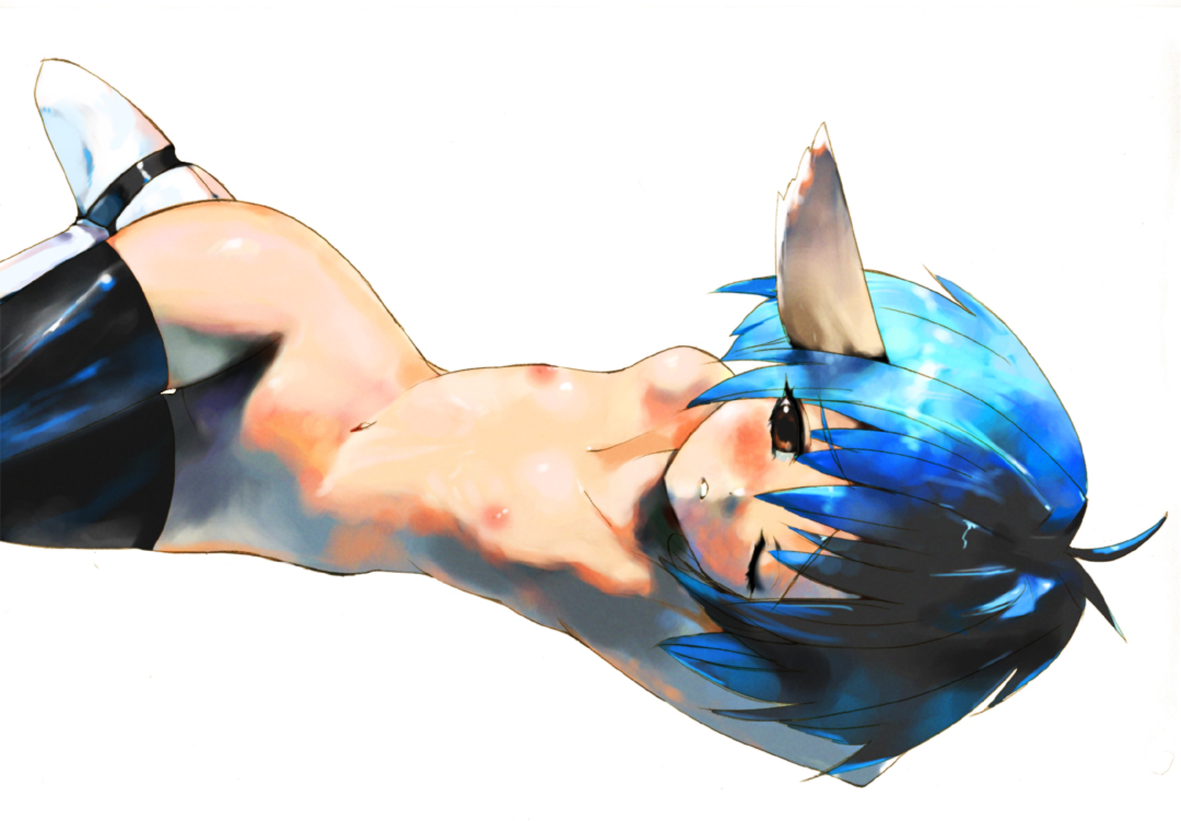 kusaka souji, mint blancmanche, broccoli (company), galaxy angel, 00s, 1girl, animal ears, blue hair, female focus, flat chest, navel, nipples, nude, solo, thighhighs