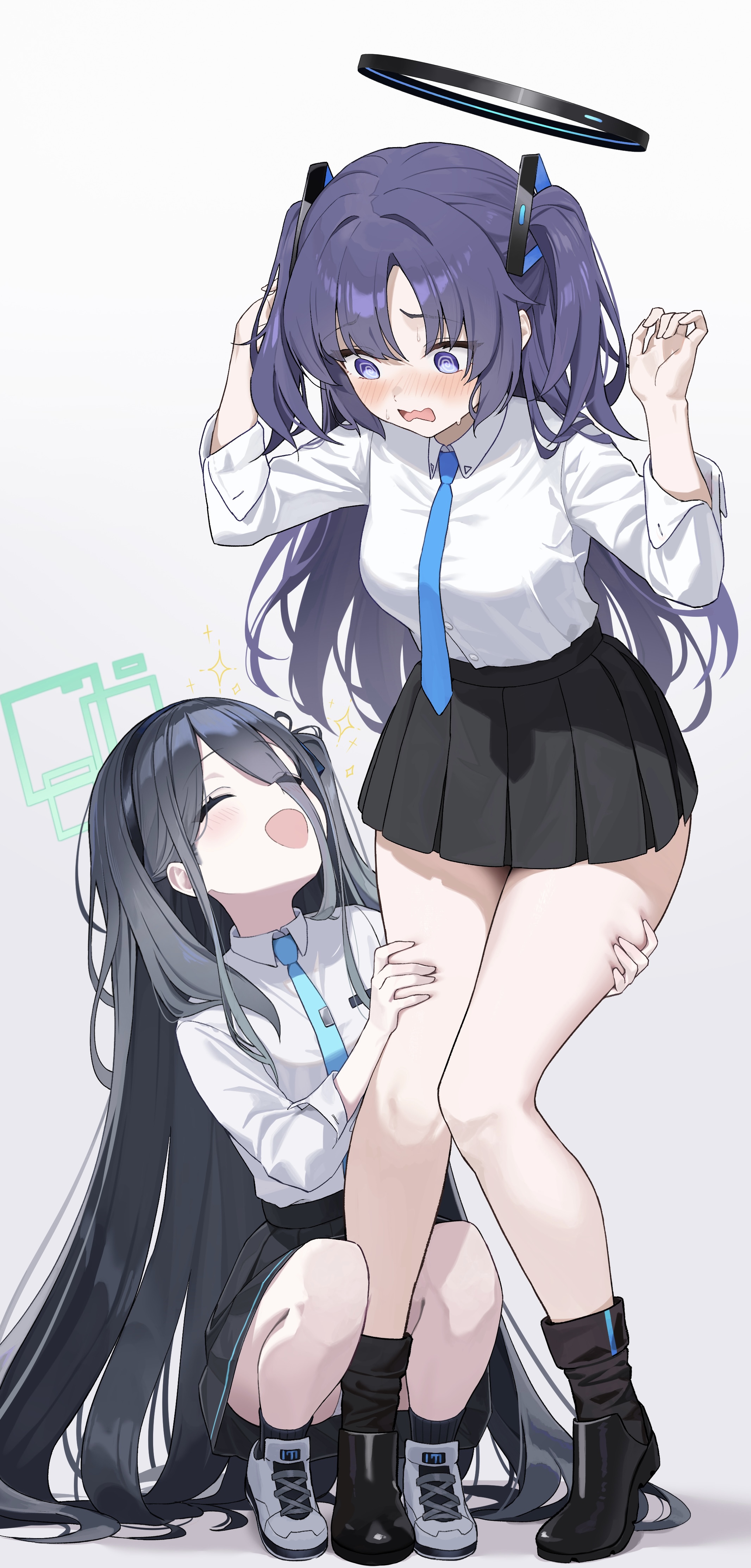 nashi (nashipple1), aris (blue archive), yuuka (blue archive), blue archive, absurdres, highres, @ @, black skirt, black socks, blue eyes, blue necktie, breasts, closed eyes, full body, grabbing another's thighs, green halo, halo, headset, long hair, long sleeves, looking at another, mechanical halo, medium breasts, necktie, open mouth, panties, pantyshot, purple hair, school uniform, shirt, shoes, skirt, sleeves rolled up, small breasts, smile, sneakers, socks, squatting, underwear, very long hair, white panties, white shirt