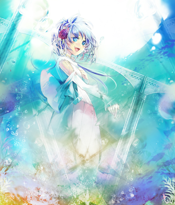 misslite, original, tagme, blue eyes, blue hair, flower, solo, water