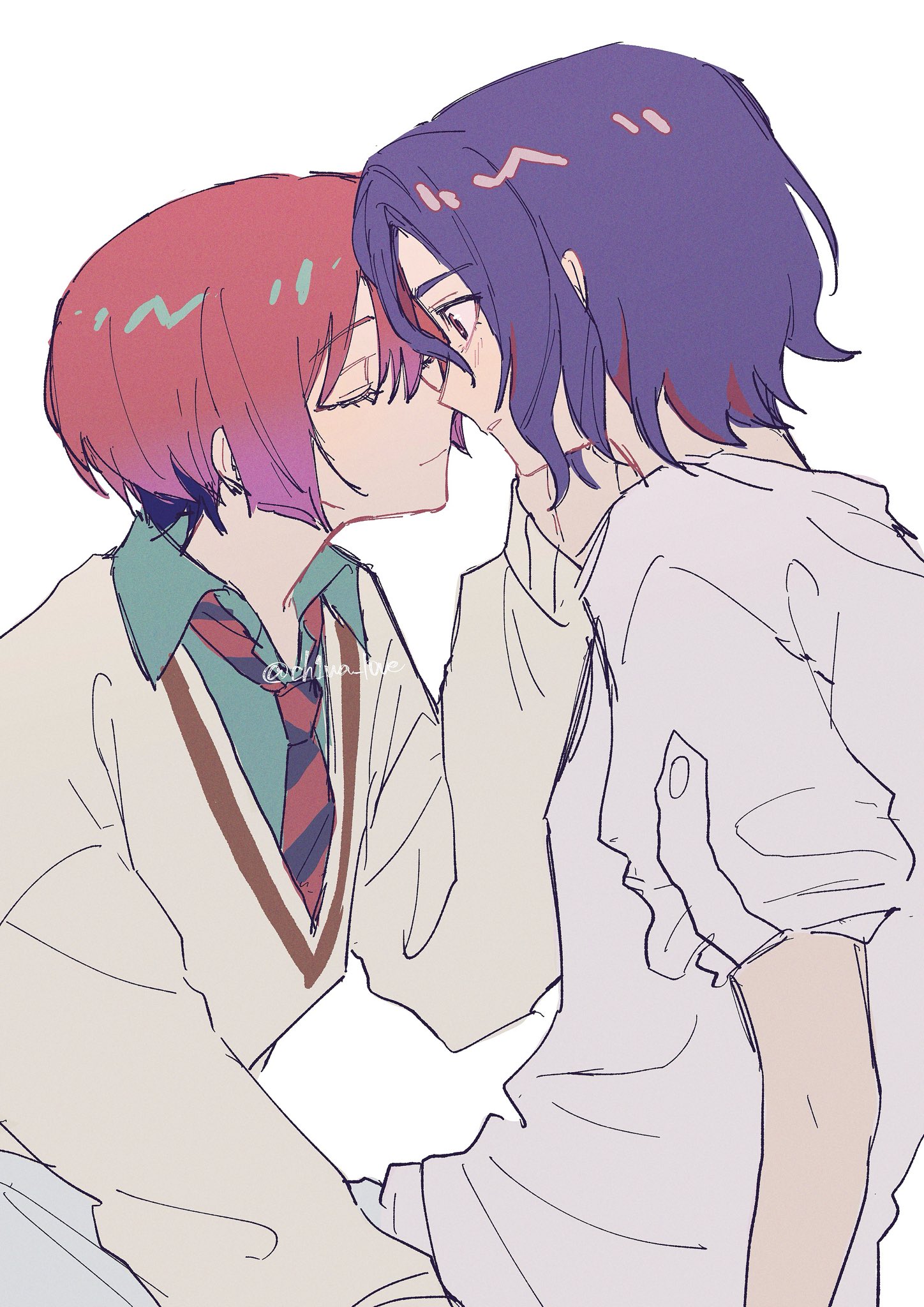 amate yuzuriha, shuji ito, gundam, gundam gquuuuuux, highres, 1boy, 1girl, blue hair, blush, ch1wa l0ve, closed eyes, collared shirt, colored inner hair, imminent kiss, long sleeves, looking at another, multicolored hair, necktie, open mouth, profile, purple hair, red eyes, red hair, school uniform, shirt, short hair, simple background, sweater, two-tone hair, upper body, white background, white shirt