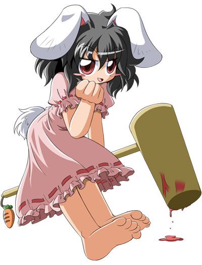 d.a, inaba tewi, touhou, 1girl, :d, animal ears, barefoot, black hair, blood, blood splatter, dripping, feet, female focus, full body, hammer, looking at viewer, open mouth, puffy short sleeves, puffy sleeves, rabbit ears, red eyes, short sleeves, simple background, smile, soles, solo, toes, white background