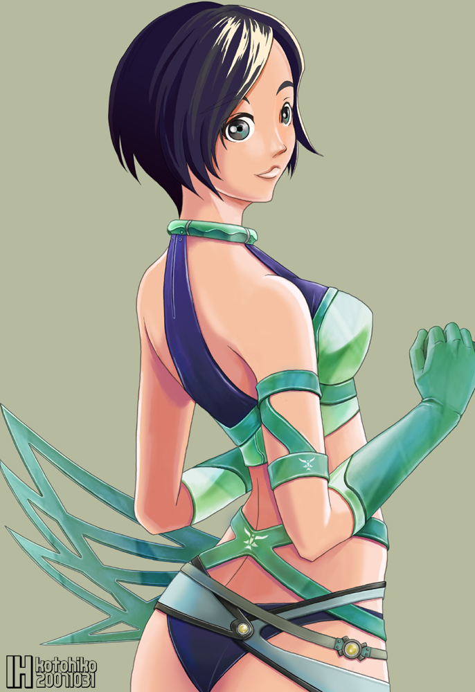 kousaka kotohiko, original, 1girl, androgynous, ass, bare shoulders, black hair, blue hair, elbow gloves, female focus, from behind, gloves, green background, green gloves, grey eyes, looking back, short hair, shorts, simple background, skin tight, smile, solo