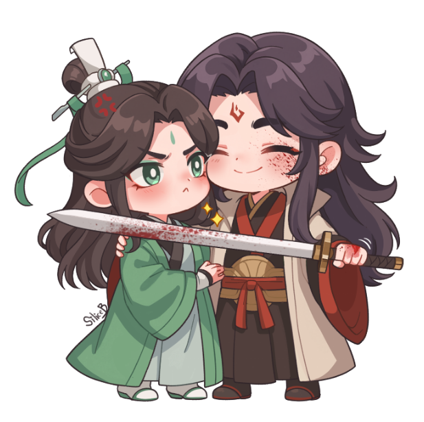 siliceb, luo binghe, shen qingqiu, zuiyin, renzha fanpai zijiu xitong, fluffy hair, 2boys, :<, anger vein, arm around shoulder, black hair, black hanfu, blood, blood on face, blood on hands, bloody weapon, blush, chibi, chibi only, chinese clothes, closed eyes, curtained hair, eyeshadow, furrowed brow, green eyes, green eyeshadow, green ribbon, green robe, hair bun, half updo, hand on another's shoulder, hand up, hanfu, holding, holding sword, holding weapon, long hair, long sleeves, looking at another, makeup, male focus, motion lines, multiple boys, parted bangs, ribbon, ribboned xiao guan, robe, sidelocks, simple background, single hair bun, smile, standing, sword, v-shaped eyebrows, weapon, white background, white hanfu, wide sleeves