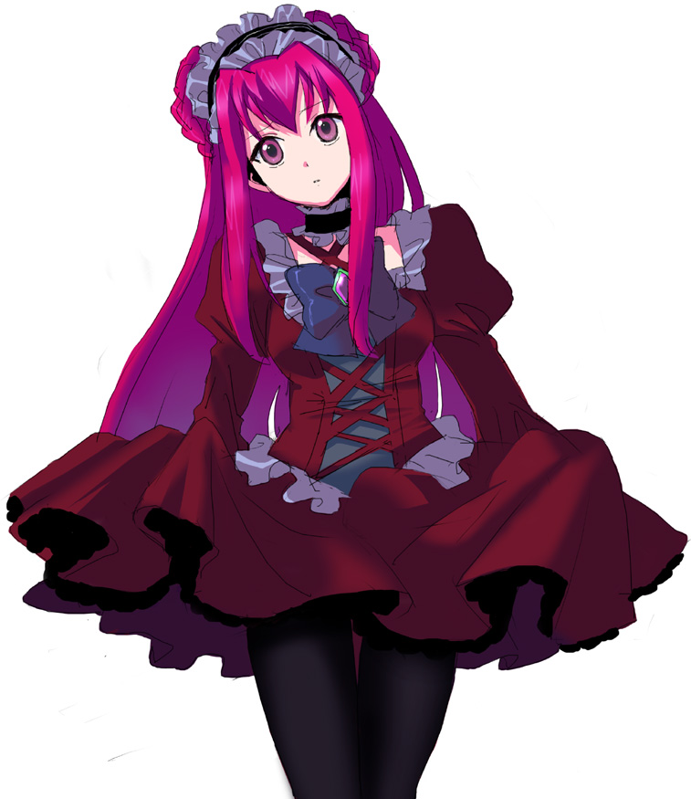 ayanashi kunio, eiko, dark dream, precure, yes! precure 5, 00s, 1girl, black pantyhose, bow, clothes lift, dark cure (yes! precure 5), dress, female focus, gothic lolita, lolita fashion, pantyhose, pink hair, skirt, skirt lift, solo
