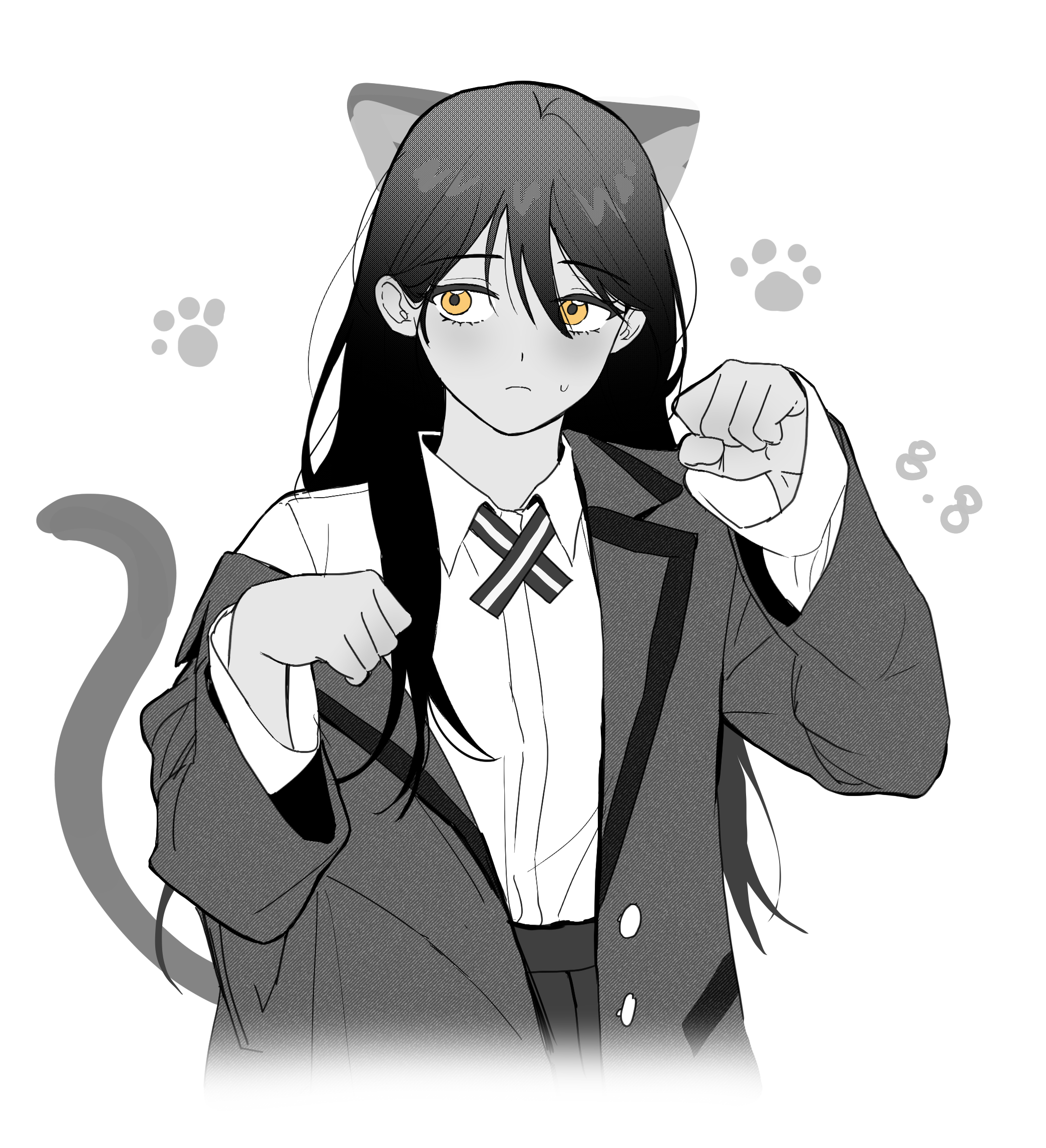 otakulifewow, nyaan (gundam gquuuuuux), gundam, gundam gquuuuuux, highres, 1girl, animal ears, blush, cat ears, cat girl, cat tail, collared shirt, cropped torso, greyscale, jacket, long hair, long sleeves, monochrome, paw pose, school uniform, shirt, simple background, solo, spot color, sweatdrop, tail, white background, white shirt, yellow eyes