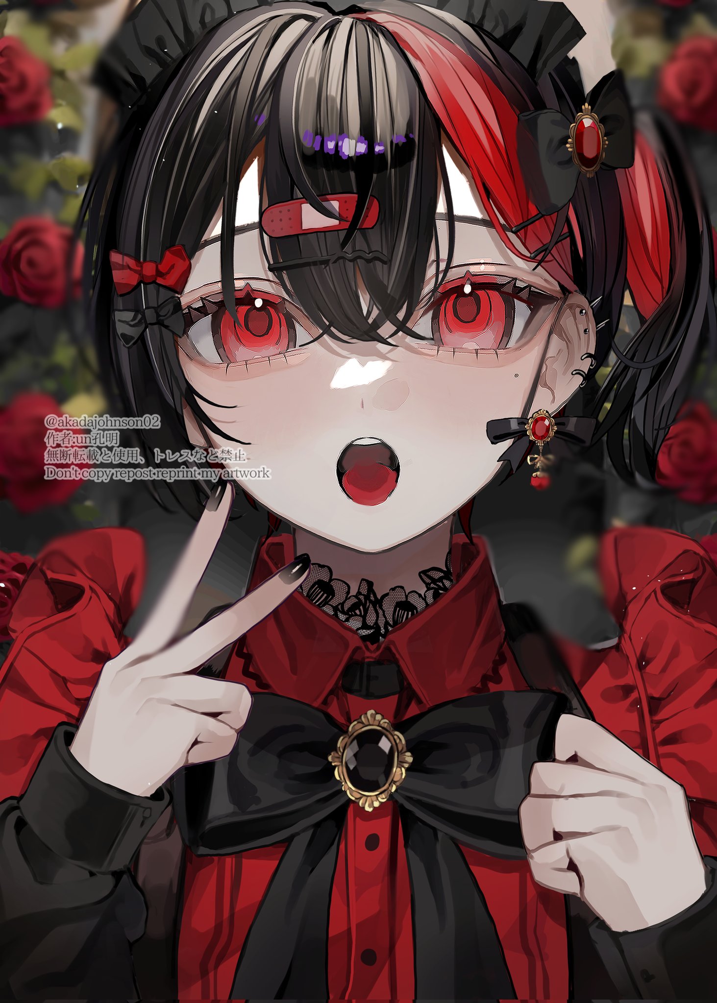 akadajohnson02, original, highres, 1boy, aegyo sal, bandaid, bandaid hair ornament, black bow, black bowtie, black brooch, black hair, black headdress, bow, bowtie, close-up, collared shirt, earrings, flower, hair between eyes, hair bow, hair ornament, hairclip, hands up, jewelry, long sleeves, looking at viewer, mole, mole under eye, multicolored hair, open mouth, red brooch, red eyes, red flower, red hair, red rose, red shirt, rose, shirt, solo, streaked hair, teeth, tongue, trap, twintails, upper teeth only, v, watermark