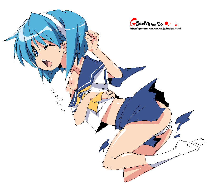 onija tarou, original, 1girl, blue eyes, blue hair, breasts, female focus, hairband, matching hair/eyes, nipples, oekaki, one eye closed, panties, school uniform, serafuku, short hair, skirt, small breasts, solo, torn clothes, underwear, white panties, wink
