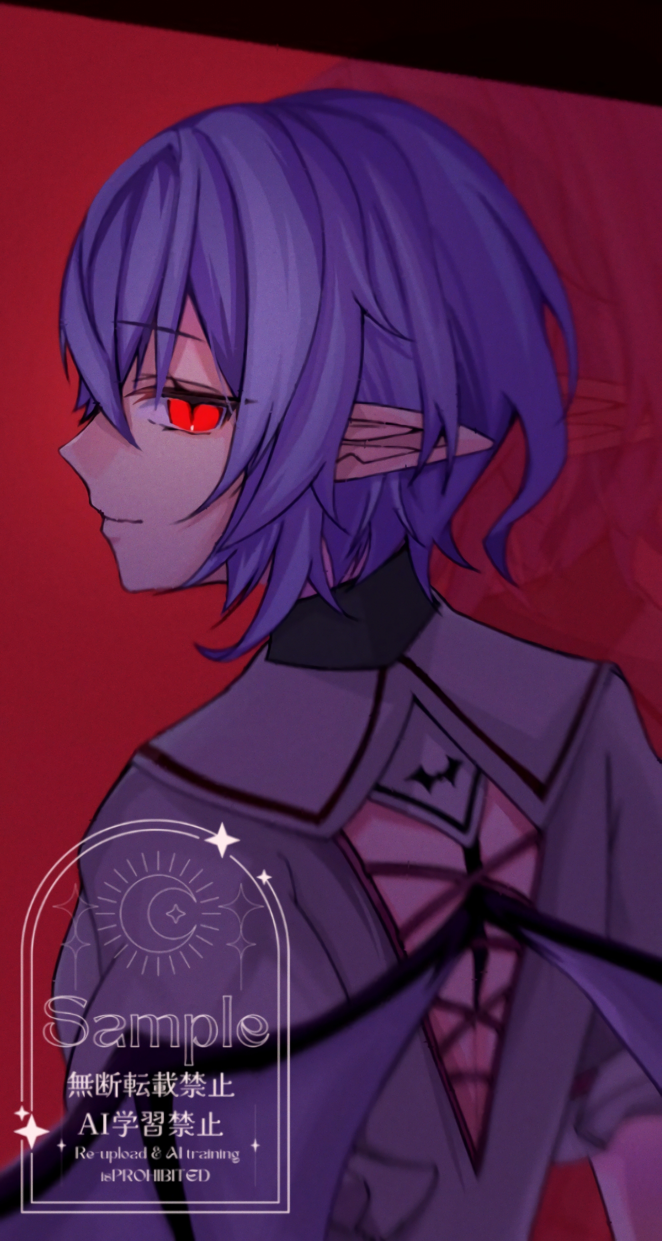 remilia scarlet, touhou, absurdres, highres, 1girl, back slit, bat wings, closed mouth, grey background, grey shirt, pointy ears, red eyes, shirt, shishamo zake, slit pupils, smile, solo, watermark, wings