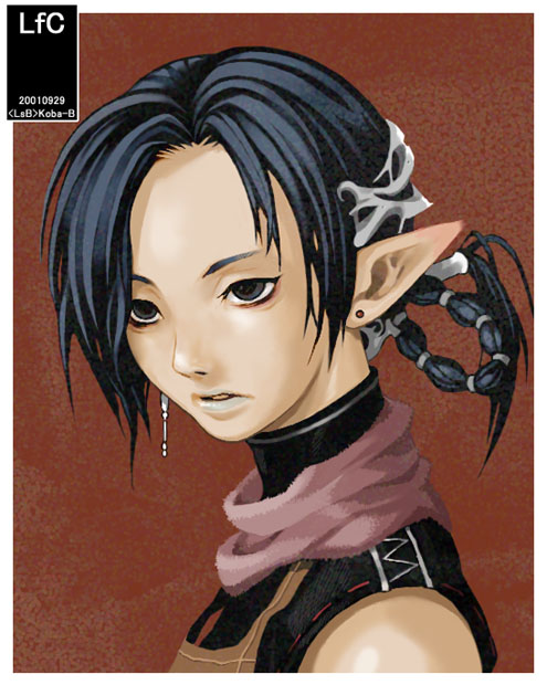 koba-b, bare shoulders, black hair, brown eyes, earrings, jewelry, pointy ears, sleeveless, sleeveless turtleneck, solo, turtleneck