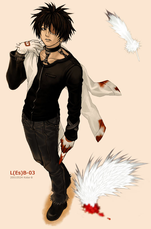 koba-b, 1boy, blood, blood on clothes, choker, earrings, eyepatch, feathers, gloves, jewelry, knife, male focus, solo, wings