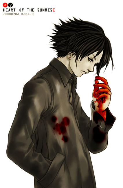 koba-b, 1boy, black hair, blood, blood on clothes, blood on hands, coat, earrings, hand in pocket, jewelry, male focus, pale skin, simple background, solo