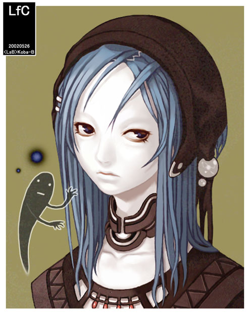 koba-b, tagme, 1girl, blue hair, brown background, colored skin, female focus, ghost, pale skin, simple background, solo, white skin