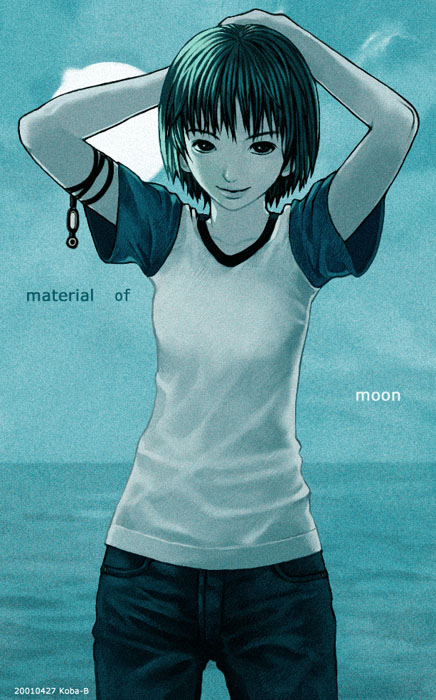 koba-b, blue theme, cowboy shot, dated, denim, jeans, moon, night, outdoors, pants, short hair, solo