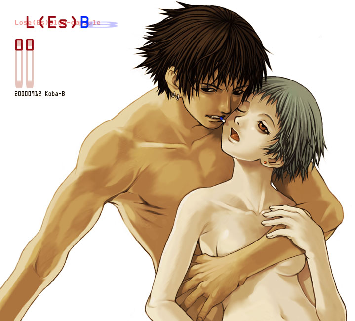 koba-b, 1boy, 1girl, black eyes, breasts, brown hair, drugs, earrings, from behind, green hair, jewelry, nude, one eye closed, open mouth, pale skin, pill, red eyes, short hair, simple background, wink