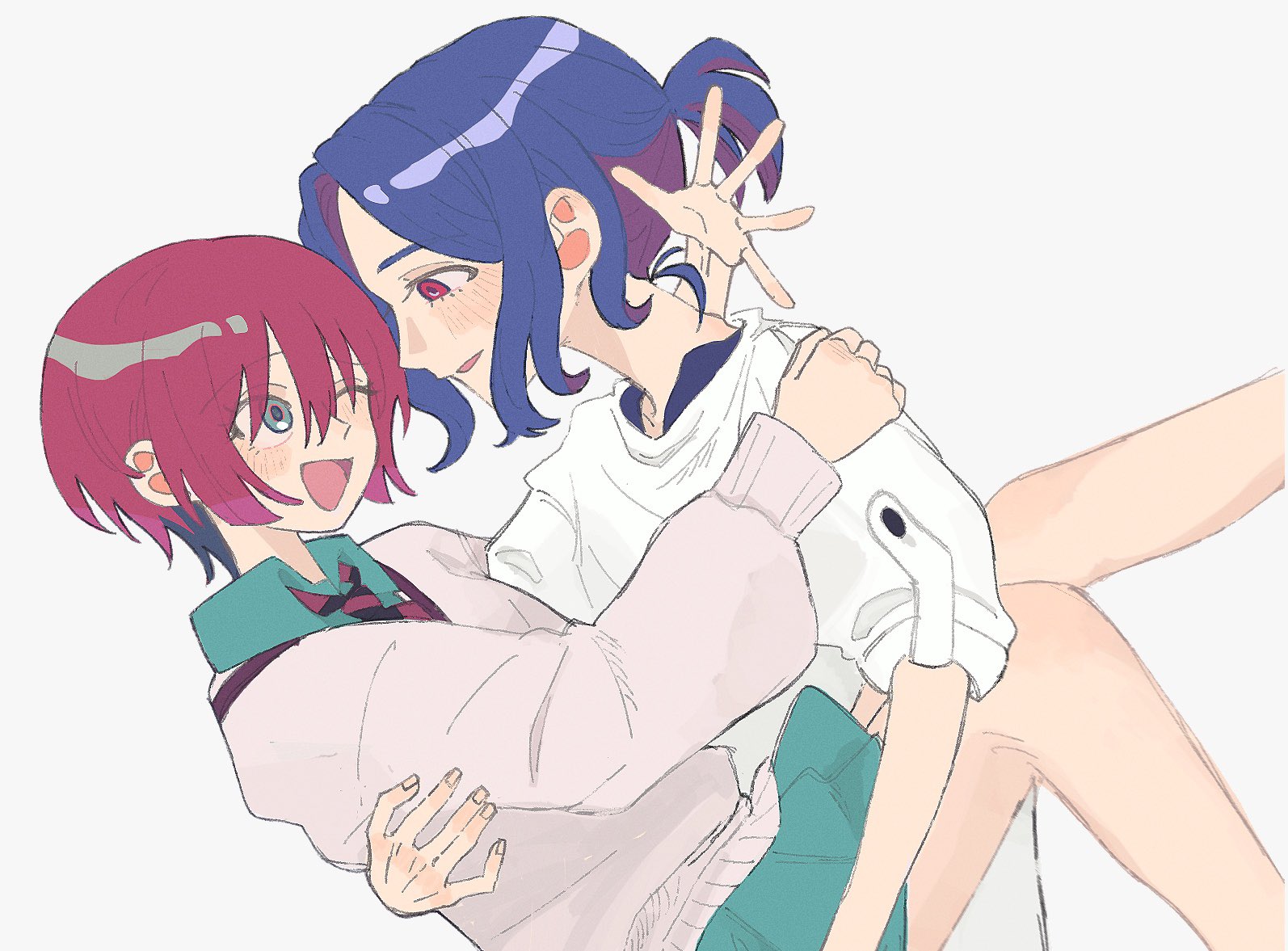 amate yuzuriha, shuji ito, gundam, gundam gquuuuuux, 1boy, 1girl, aqua eyes, blue hair, blush, collared shirt, colored inner hair, hug, long sleeves, looking at another, multicolored hair, necktie, one eye closed, open mouth, ponytail, purple hair, red eyes, red hair, school uniform, shirt, shisoyama55, short hair, simple background, skirt, smile, sweater, two-tone hair, white background, white shirt