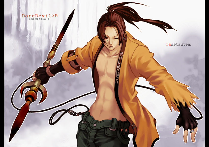 koba-b, 1boy, male focus, one eye closed, open clothes, open shirt, shirt, solo, weapon
