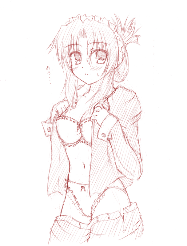 johnny (from scratch), maria (hayate no gotoku!), hayate no gotoku!, 00s, 1girl, bra, female focus, folded ponytail, lingerie, maid, monochrome, panties, pink theme, solo, underwear