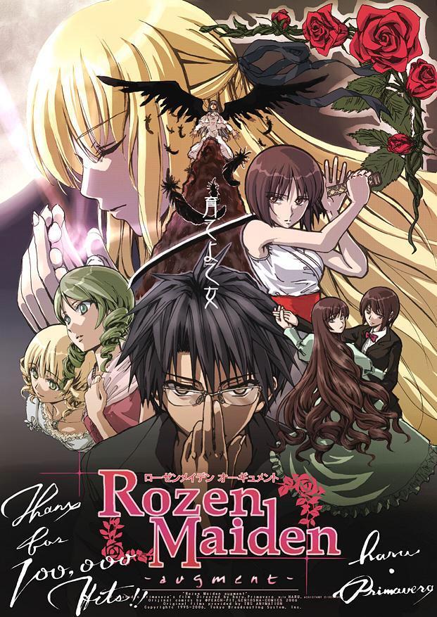 haru (primavera), hinaichigo, kanaria, kashiwaba tomoe, sakurada jun, shinku, souseiseki, suigintou, suiseiseki, rozen maiden, duplicate, 00s, 1boy, 6+girls, alternate costume, bare shoulders, black wings, blonde hair, bow, bowtie, brooch, close-up, closed eyes, collarbone, copyright name, dress, drill hair, english text, feathers, flower, formal clothes, glasses, green dress, jewelry, leaf, long hair, milestone celebration, multiple girls, necklace, red flower, red rose, rose, short hair, suit, sword, traditional bowtie, twin drills, upper body, very long hair, weapon, wings