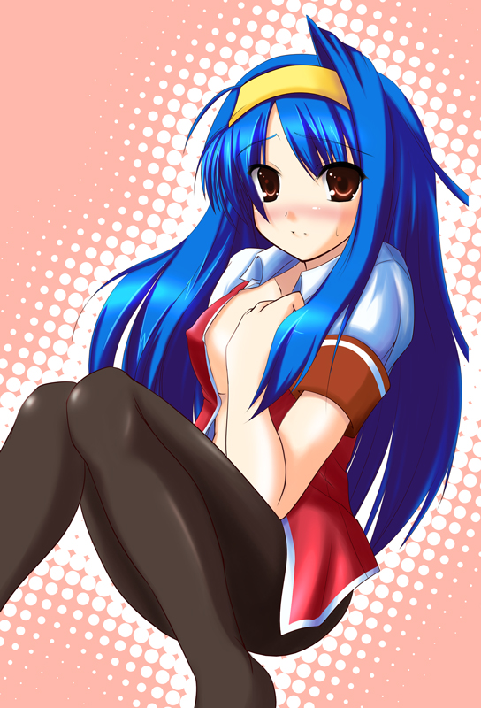 johnny (from scratch), tsuzura saki, aq interactive, arcana heart, atlus, examu, 1girl, blue hair, blush, breasts, covered erect nipples, female focus, hairband, large breasts, long hair, misono gakuen school uniform, no bra, open clothes, open shirt, pantyhose, red eyes, school uniform, shirt, sitting, solo, sweat, very long hair