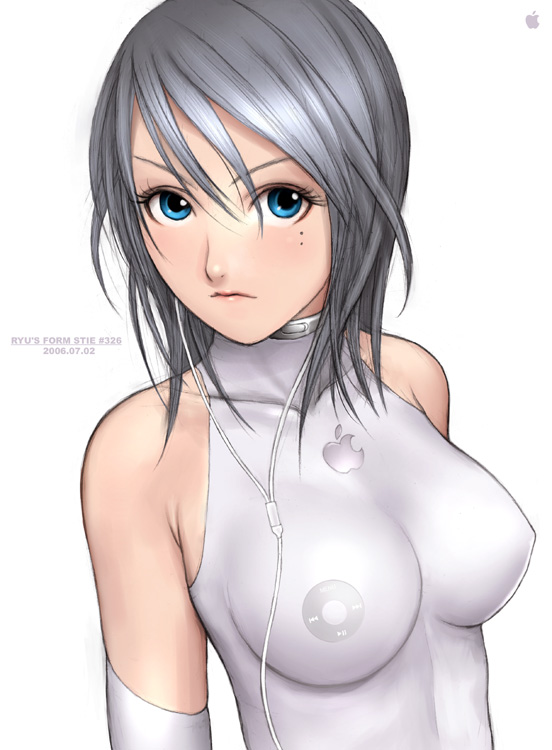 ryu (ryu's form site), apple inc., silver hair, 1girl, bare shoulders, blue eyes, breasts, digital media player, elbow gloves, female focus, gloves, halterneck, impossible clothes, impossible shirt, ipod, personification, shirt, simple background, solo