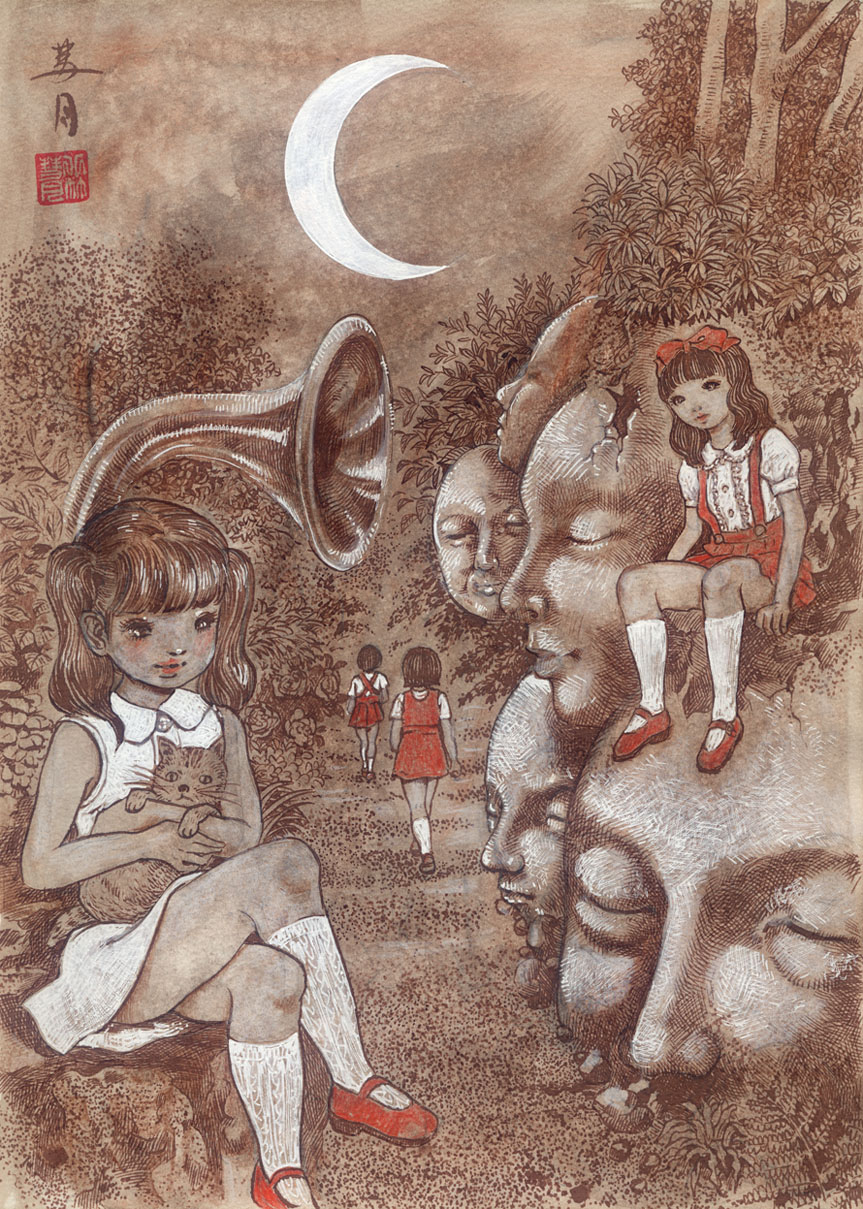 fractal underground studio, original, 4girls, animal, black eyes, black hair, blush, bow, cat, crescent moon, crossed legs, disembodied head, dress, forest, grass, hair bow, holding, holding animal, holding cat, horn (instrument), kneehighs, long hair, looking at viewer, looking down, mary janes, moon, multiple girls, nature, night, night sky, puffy sleeves, red bow, red dress, red shoes, red skirt, school uniform, shirt, shoes, short hair, short sleeves, sitting, skirt, sky, sleeveless, sleeveless dress, socks, statue, suspender skirt, suspenders, tree, tree stump, twintails, walking, white dress, white shirt, white socks