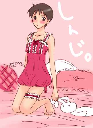 ikari shinji, neon genesis evangelion, lowres, 1boy, blush, crossdressing, crossdressing (mtf), male focus, solo, trap