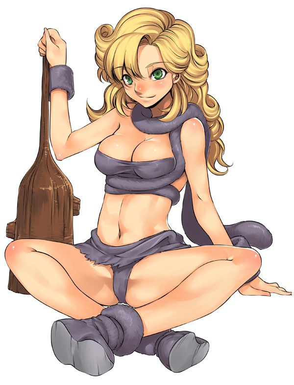 mizuryu kei, ayla (chrono trigger), chrono (series), chrono trigger, square enix, 1990s (style), 1girl, bikini, blonde hair, boots, bracelet, breasts, cleavage, club (weapon), crossed legs, curly hair, female focus, green eyes, indian style, jewelry, long hair, navel, retro artstyle, revealing clothes, sitting, solo, swimsuit, wavy hair, weapon