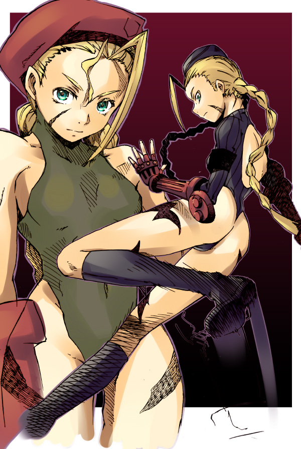 yukari (konekonekozou), cammy white, capcom, street fighter, 1girl, ass, beret, blonde hair, braid, dual persona, female focus, garrison cap, green eyes, green leotard, hat, leotard, solo, thong leotard