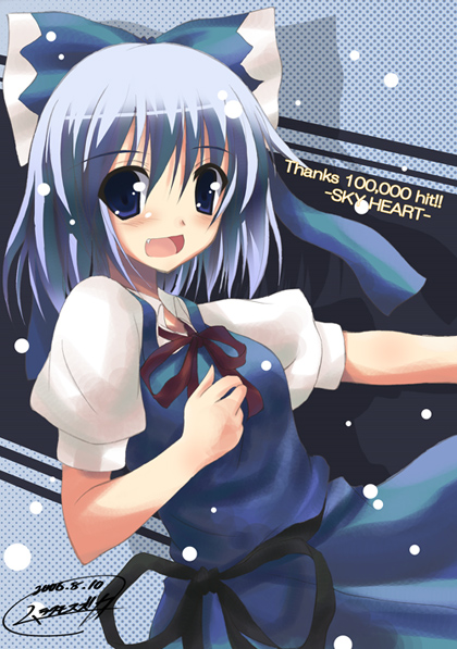 cirno, touhou, 1girl, :d, blue dress, blue eyes, blue hair, blush, clenched hand, cowboy shot, dress, female focus, matching hair/eyes, open mouth, puffy short sleeves, puffy sleeves, red ribbon, ribbon, short hair, short sleeves, smile, snow, snowing, solo, text focus, winter