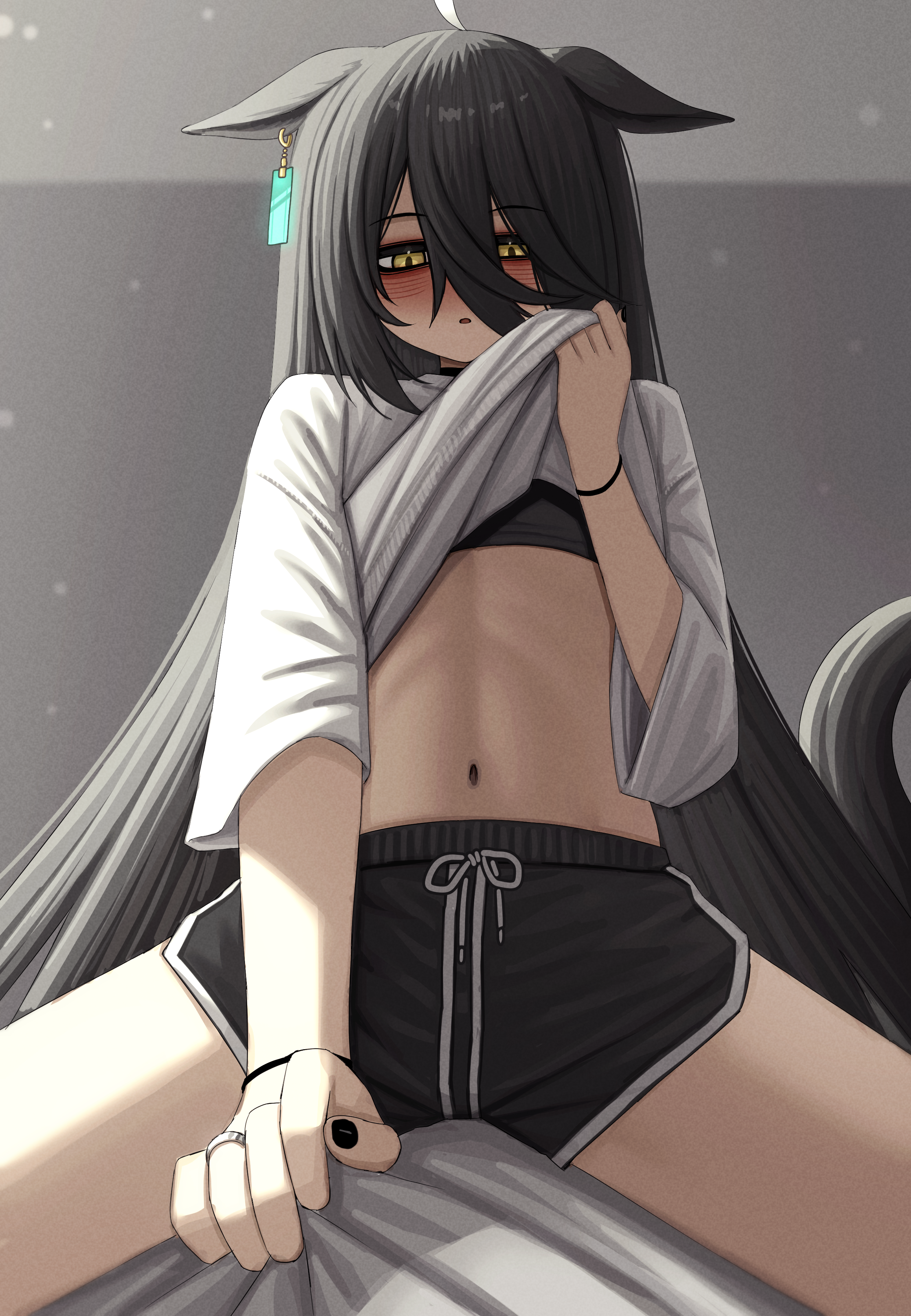 lobsteranian, manhattan cafe (umamusume), umamusume, absurdres, highres, 1girl, 1other, animal ears, bags under eyes, black bra, black hair, black nails, black shorts, blush, bra, breasts, clothes lift, ears down, hair between eyes, horse ears, horse girl, horse tail, jewelry, long bangs, long hair, navel, open mouth, pov, ring, shirt, shirt lift, short shorts, shorts, sitting, sitting on person, small breasts, stomach, tail, underwear, white shirt, yellow eyes