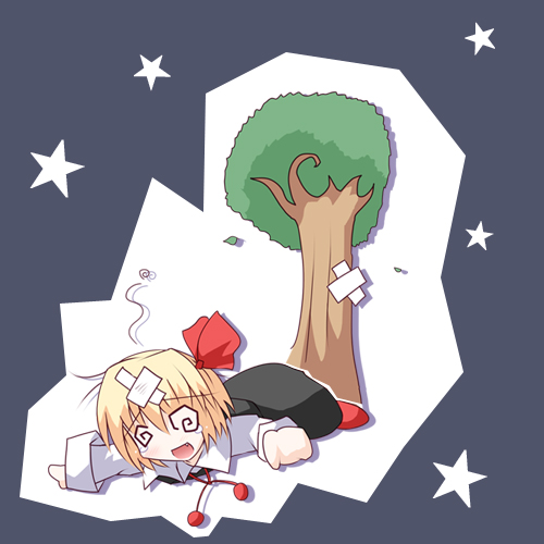 rumia, embodiment of scarlet devil, touhou, lowres, 1girl, @ @, bandages, blonde hair, fang, female focus, hair ribbon, red eyes, ribbon, short hair, solo, tears, tree