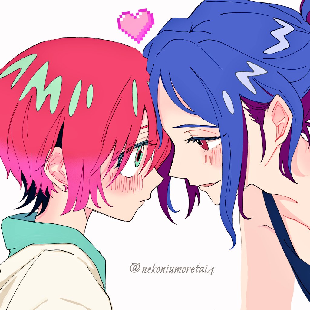 amate yuzuriha, shuji ito, gundam, gundam gquuuuuux, 1boy, 1girl, aqua eyes, blue hair, blush, colored inner hair, face-to-face, forehead-to-forehead, heads together, heart, looking at another, multicolored hair, nekoniumoretai4, open mouth, purple hair, red eyes, red hair, school uniform, short hair, simple background, sleeveless, smile, sweater, tank top, two-tone hair, upper body, white background
