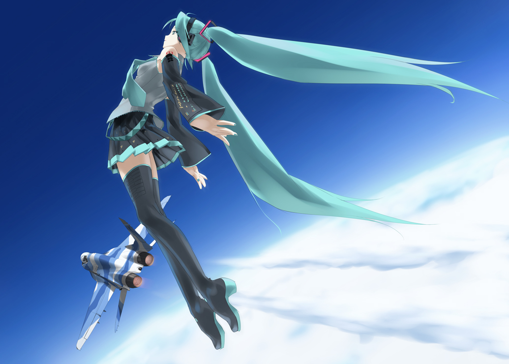 rokuwata tomoe, hatsune miku, mig-29, vocaloid, 1girl, aircraft, airplane, aqua hair, boots, female focus, fighter jet, flying, high heel boots, high heels, long hair, military, military vehicle, pun, sky, solo, thigh boots, thighhighs, twintails, very long hair, zettai ryouiki