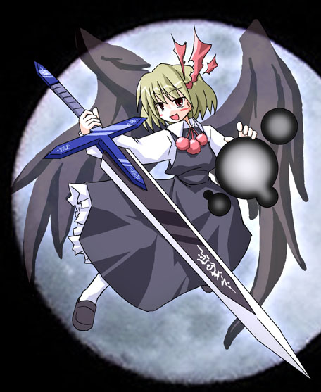 kom (1323736), ex-rumia, rumia, embodiment of scarlet devil, touhou, 1girl, black wings, blonde hair, darkness, female focus, necktie, red eyes, ribbon, short hair, solo, sword, weapon, wings