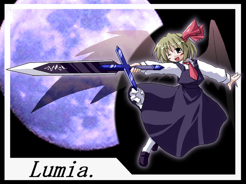 kom (1323736), ex-rumia, rumia, embodiment of scarlet devil, touhou, 1girl, black wings, blonde hair, character name, female focus, hair ribbon, necktie, red eyes, ribbon, short hair, solo, sword, weapon, wings