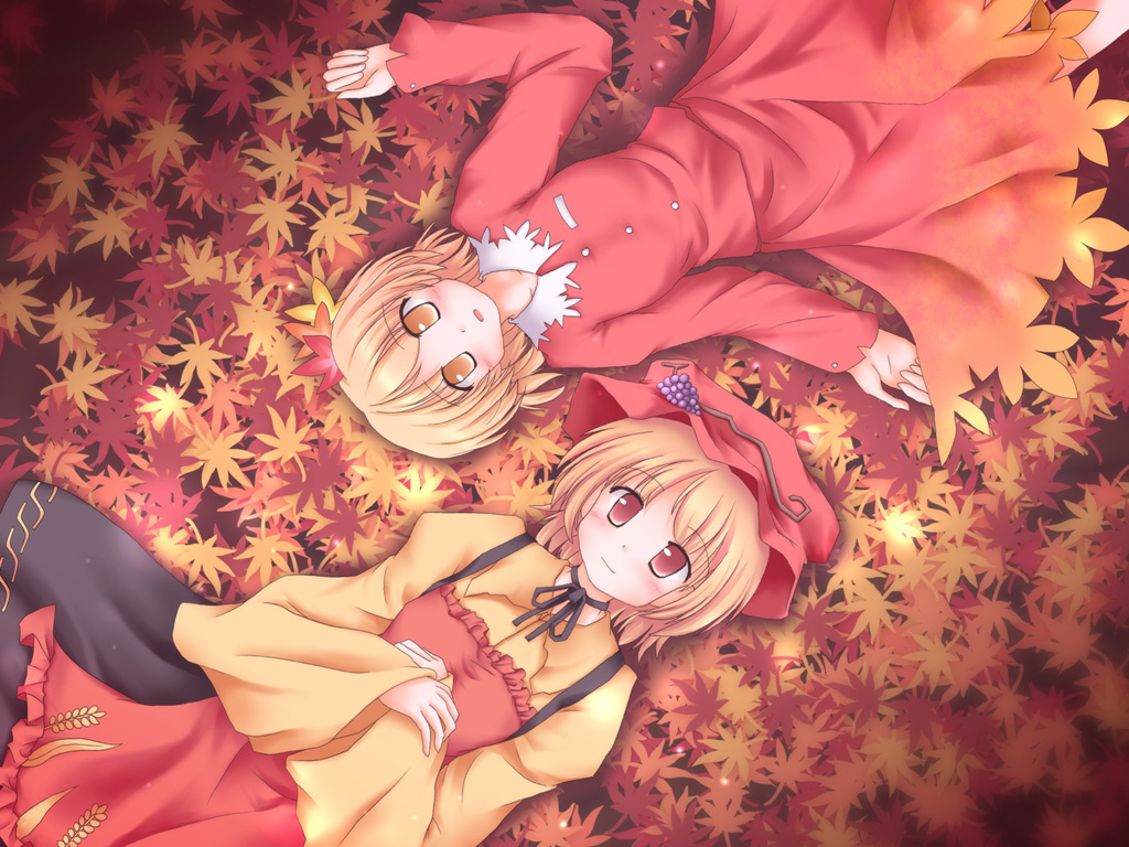 lzh, aki minoriko, aki shizuha, touhou, duplicate, 2girls, blonde hair, female focus, food, fruit, grapes, hair ornament, hat, leaf, leaf background, leaf hair ornament, leaf on head, multiple girls, red eyes, short hair, siblings, sisters, wheat, yellow eyes