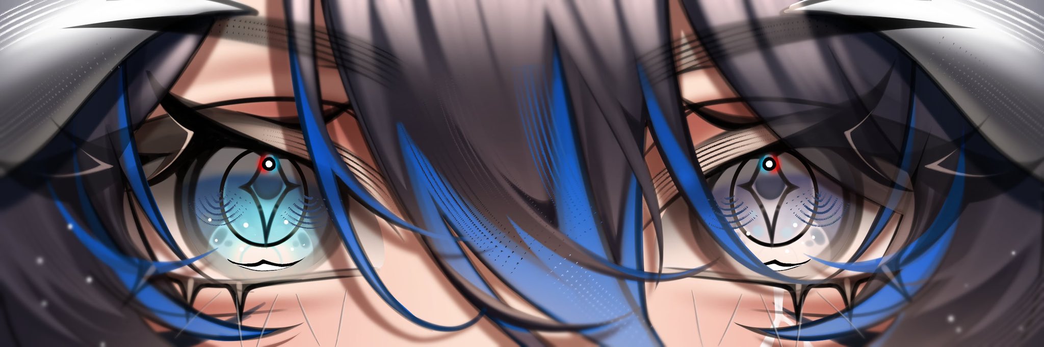original, commentary, commission, english commentary, highres, vgen commission, 1other, black hair, blue eyes, blue streaks, close-up, diamond-shaped pupils, diamond (shape), eye focus, eyelashes, hair between eyes, heterochromia, kurase 07, looking at viewer, multicolored hair, solo, straight-on, streaked hair, symbol-shaped pupils