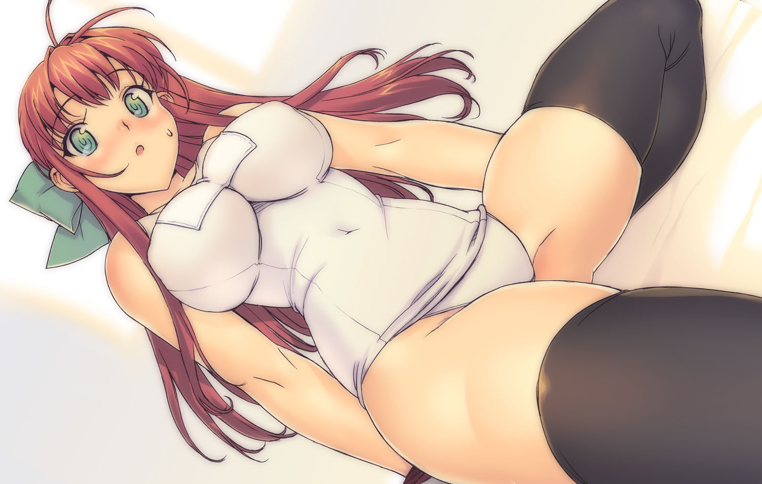 ootomo takuji, original, 1girl, :o, blush, bow, breasts, brown hair, female focus, green eyes, hair bow, hair ribbon, impossible clothes, impossible shirt, impossible swimsuit, large breasts, one-piece swimsuit, red hair, ribbon, school swimsuit, shirt, solo, sweatdrop, swimsuit, thighhighs, white one-piece swimsuit, white school swimsuit