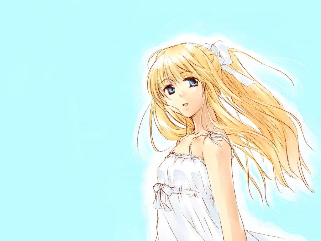 kanae funwa, kamio misuzu, air (visual novel), 00s, 1girl, bare shoulders, blonde hair, blue eyes, dress, female focus, gradient background, hair ribbon, ponytail, ribbon, solo, sundress