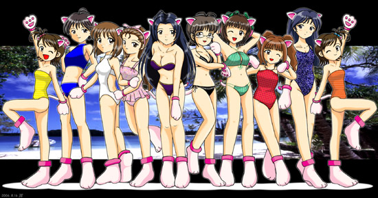 akizuki ritsuko, amami haruka, futami ami, futami mami, hagiwara yukiho, kikuchi makoto, kisaragi chihaya, minase iori, miura azusa, takatsuki yayoi, idolmaster, idolmaster (classic), idolmaster 1, idolmaster xenoglossia, 00s, 6+girls, animal ears, animal hands, bikini, cat ears, cat tail, everyone, gloves, looking at viewer, multiple girls, navel, one-piece swimsuit, open mouth, paw gloves, paw shoes, shoes, siblings, sisters, smile, standing, swimsuit, tail, thighs, tongue, twins