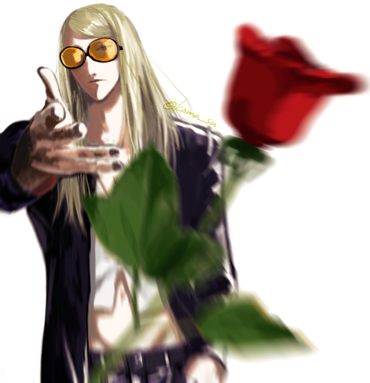 koma su, tezcatlipoca (fate), fate/grand order, fate (series), highres, 1boy, black jacket, black nails, blonde hair, flower, hand in pocket, jacket, long hair, looking at viewer, male focus, meme, motion blur, navel, open clothes, open jacket, orange-tinted eyewear, red flower, red rose, rose, shirt, simple background, solo, sunglasses, throwing, tinted eyewear, tossing, upper body, white background, white shirt, woe plague be upon ye (meme)