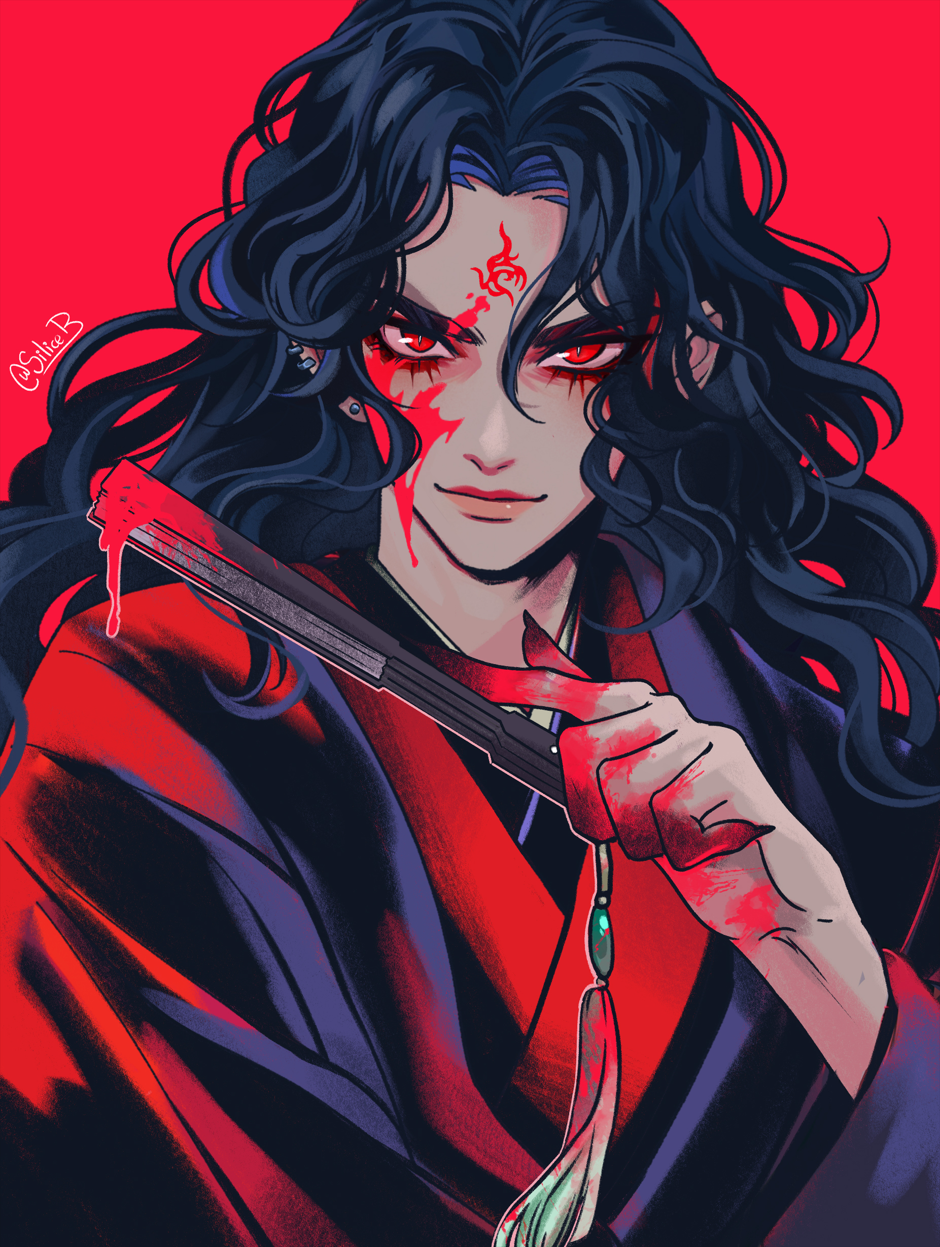 siliceb, luo binghe, zuiyin, renzha fanpai zijiu xitong, absurdres, highres, 1boy, artist name, bishounen, black hair, black hanfu, blood, blood on face, blood on hands, blood on object, chinese clothes, closed mouth, curly hair, curtained hair, earrings, eyelashes, facial mark, folded fan, folding fan, forehead mark, hand fan, hanfu, holding, holding fan, jewelry, long hair, long sleeves, looking at viewer, male focus, multiple earrings, parted bangs, pink lips, portrait, red background, red eyes, red light, simple background, slit pupils, smile, solo, v-shaped eyebrows, wide sleeves