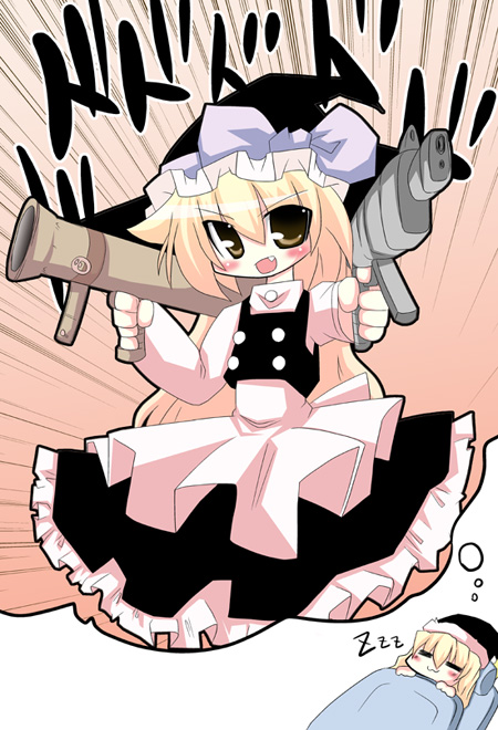 muuba, kirisame marisa, touhou, eyebrows, 1girl, black hat, black skirt, blonde hair, blush, bow, brown eyes, dreaming, eyes visible through hair, fang, female focus, frilled hat, frills, gun, hat, hat bow, long hair, long sleeves, m1 bazooka, open mouth, purple bow, rocket launcher, shirt, simple background, skirt, skirt set, solo, weapon, white background, white shirt, witch hat, zzz